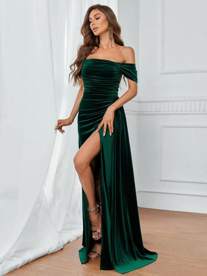 Off-Shoulder Ruched Front Draped Side Velvet Party Dress – view 6