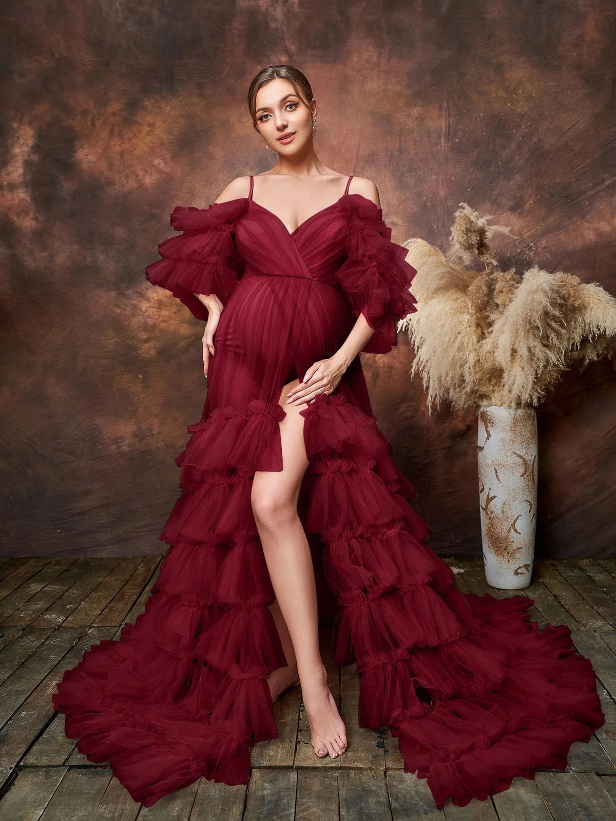 Additional product view of Layered Hem Cami Strap Off-Shoulder Mesh A-Line Maternity Formal Dress