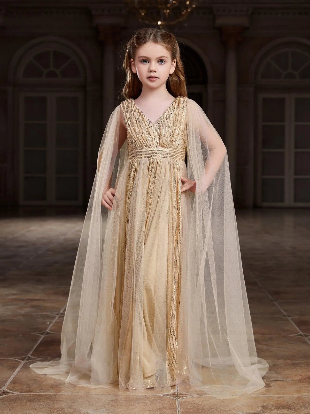 Additional product view of Contrast Mesh Cape-Sleeve V-Neck Sequin A-Line Tween Girls' Party Dress