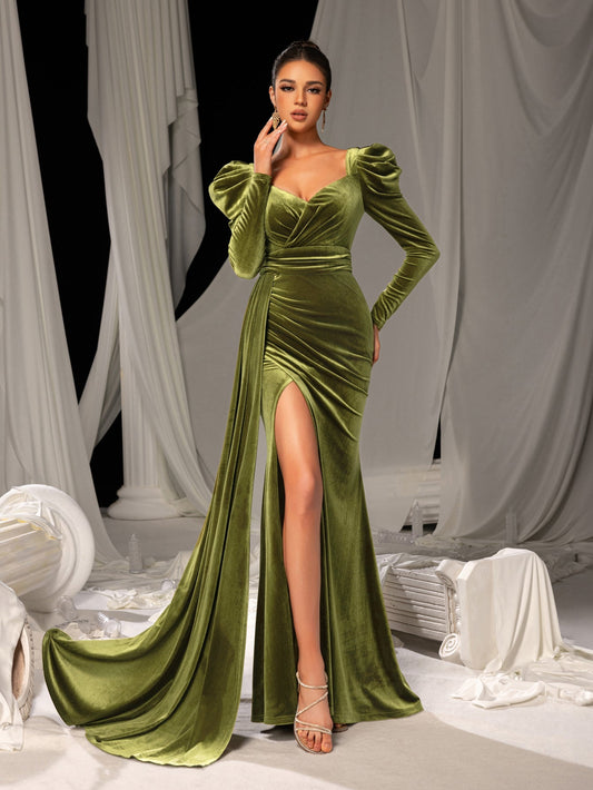Puff-Sleeve High-Slit Sweetheart-Neck Velvet Mermaid Evening Gown in Army Green