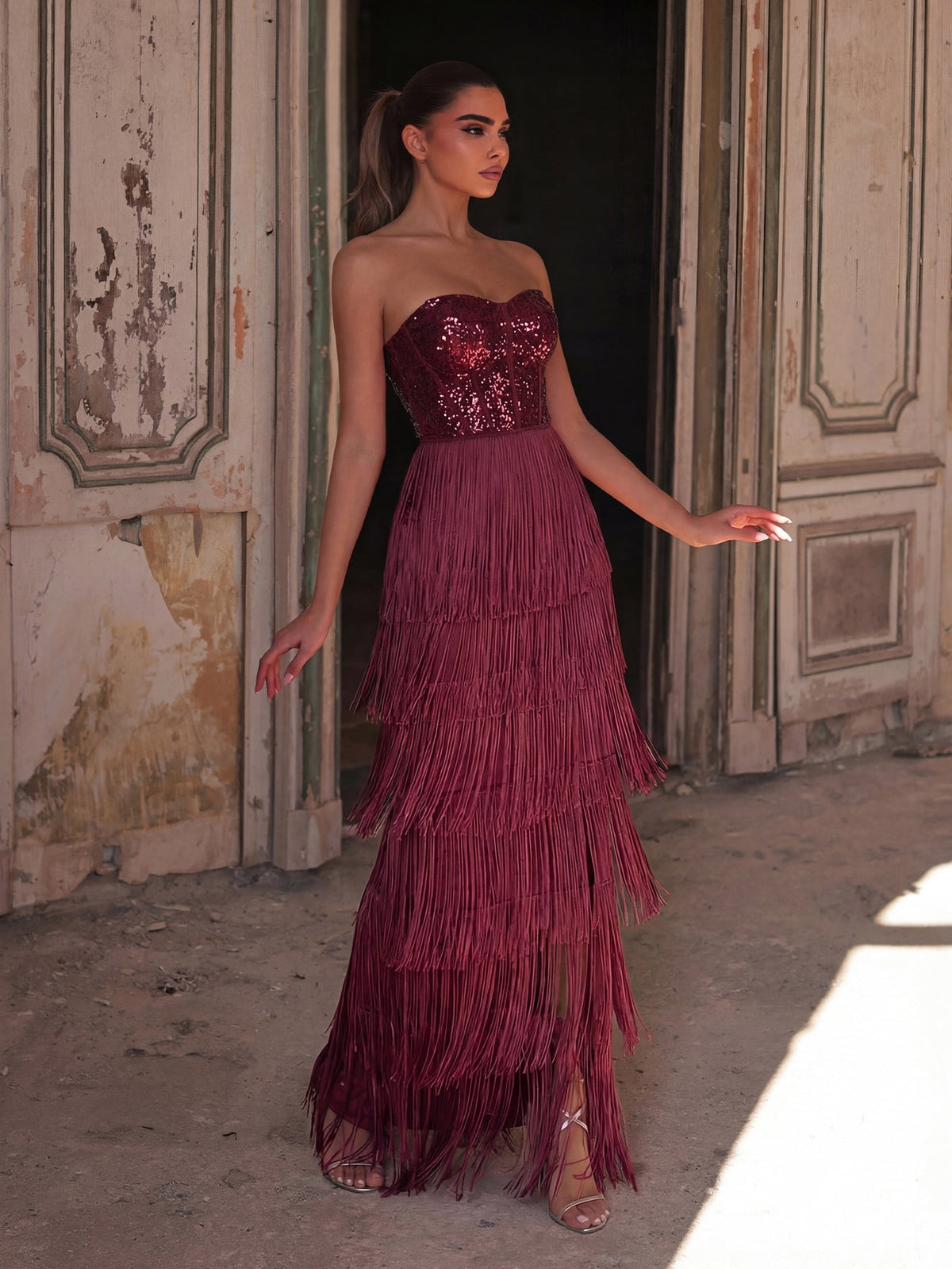 Sparkling Sequin & Fringe Maxi Dress | Strapless Sweetheart Neckline, High Side Slit, Open Back | Glam Evening Gown for Parties, Galas, Prom