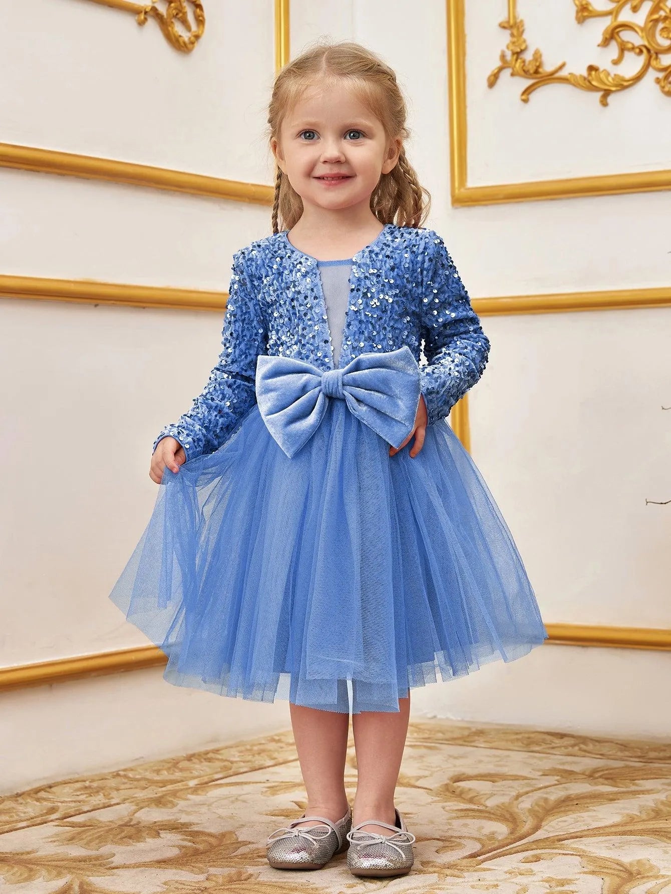Alternate view of Bow-Front Sequin A-Line Long-Sleeve Mesh Young Girls' Party Dress in Light Blue