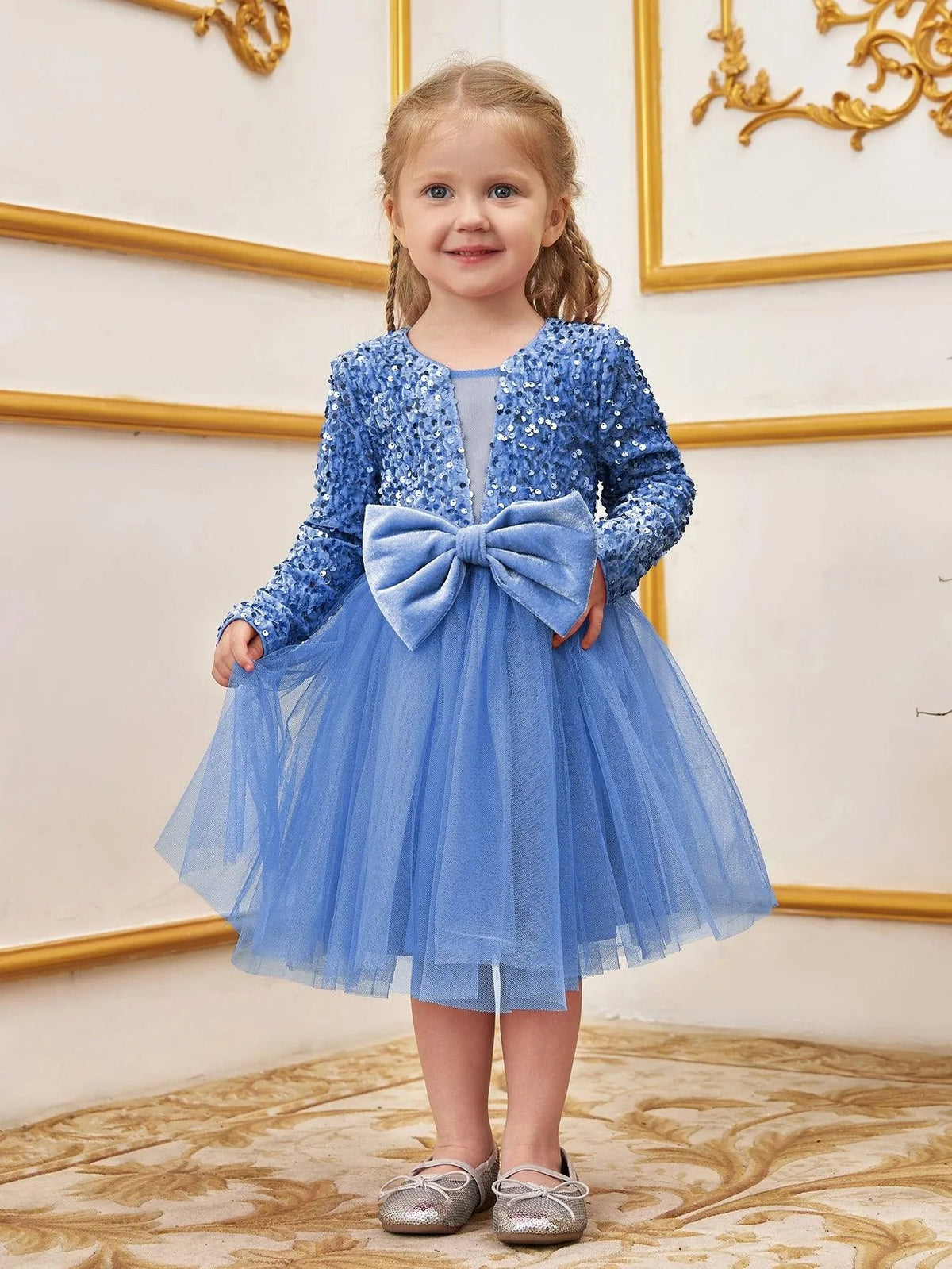 Alternate view of Bow-Front Sequin A-Line Long-Sleeve Mesh Young Girls' Party Dress in Light Blue