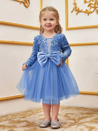 Alternate view of Bow-Front Sequin A-Line Long-Sleeve Mesh Young Girls' Party Dress in Light Blue