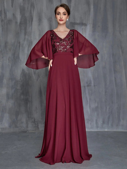 Women's Flounce Sleeve Contrast Sequin Chiffon Dress – view 3