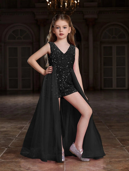 Additional product view of Mesh Overlay V-Neck Sequin Sleeveless Tween Girls' Formal Romper