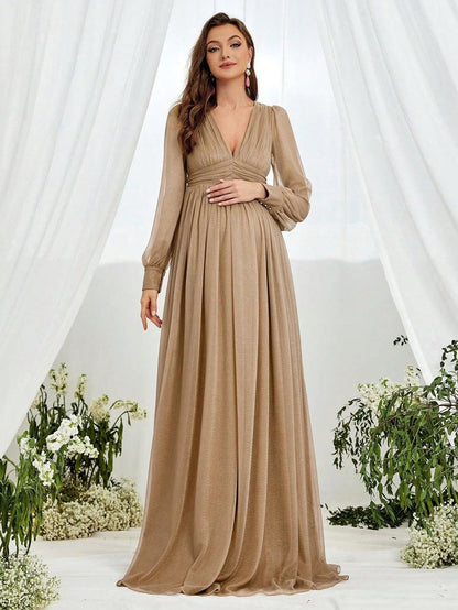 Alternate view of V-Neck Chiffon A-Line Long-Sleeve Maxi Maternity Evening Dress in Champagne