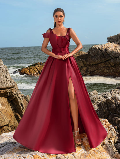 Elegant Square Collar Buckle Belted Split Satin Prom Dress