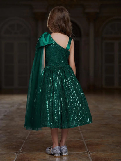 Additional product view of Draped Side Bow Detail One-Shoulder Sequin A-Line Tween Girls' Party Dress