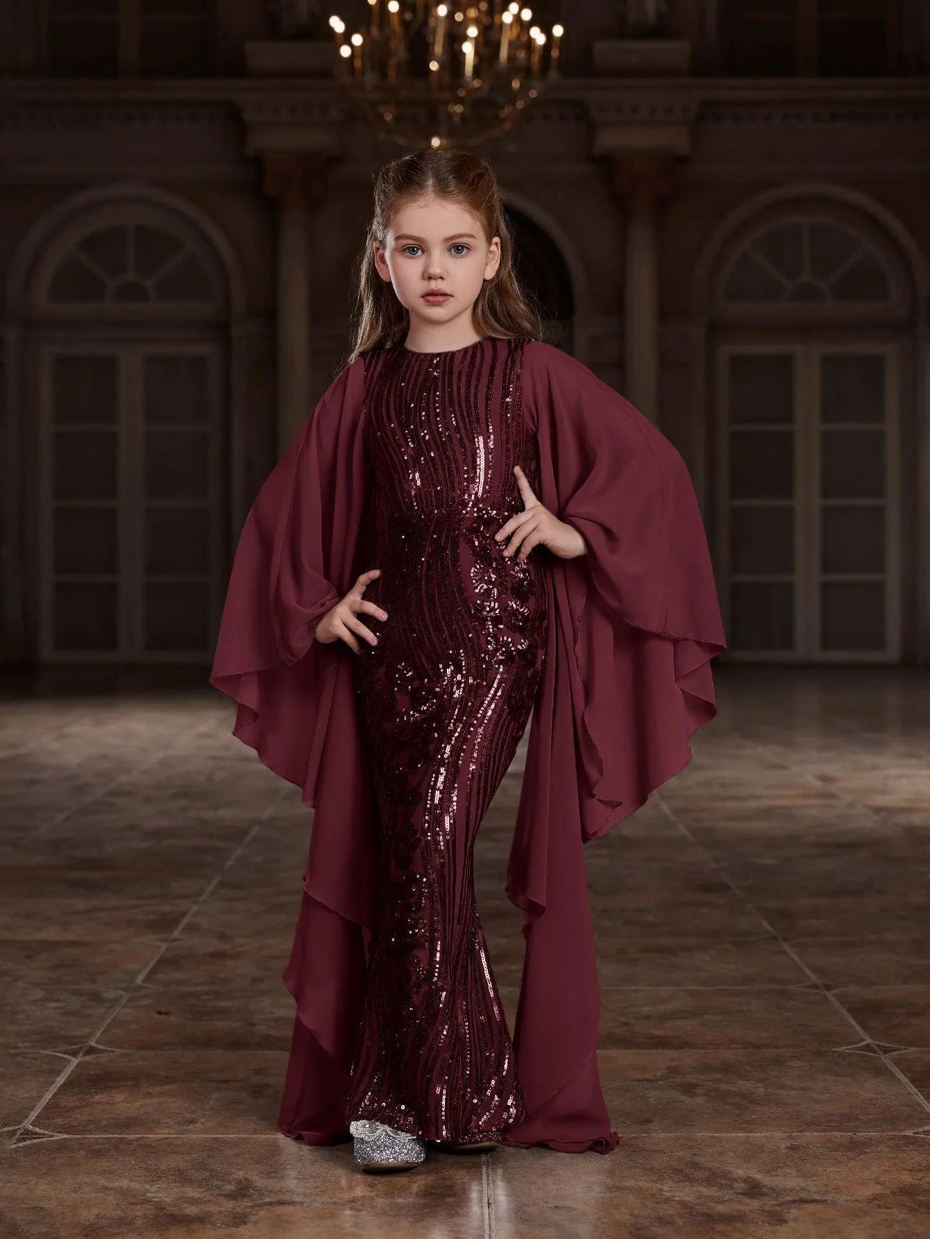 Tween Girls' Round Neck Sequin Long-Sleeve Mermaid Formal Gown — authorized product image 7
