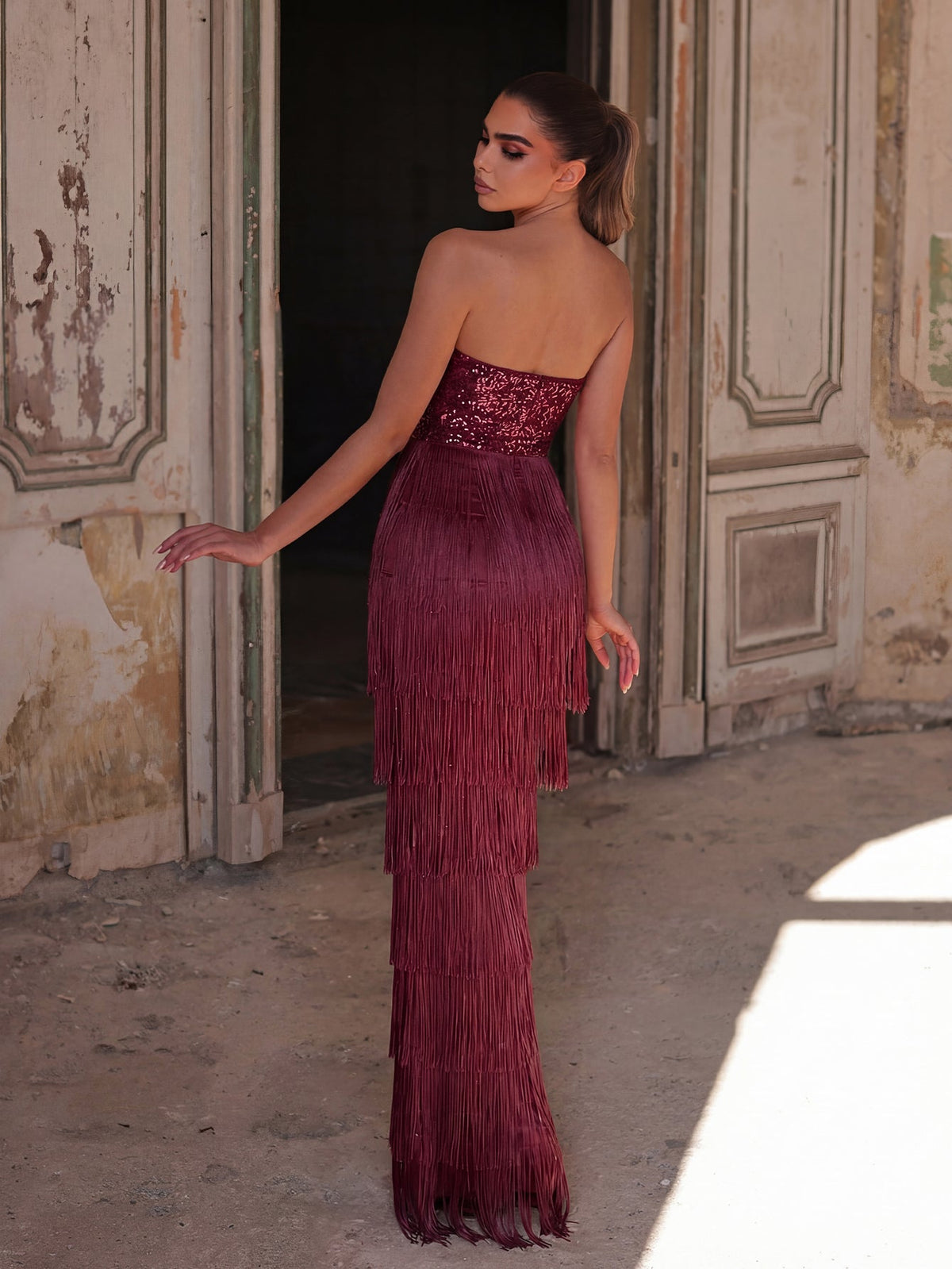 Sparkling Sequin & Fringe Maxi Dress | Strapless Sweetheart Neckline, High Side Slit, Open Back | Glam Evening Gown for Parties, Galas, Prom
