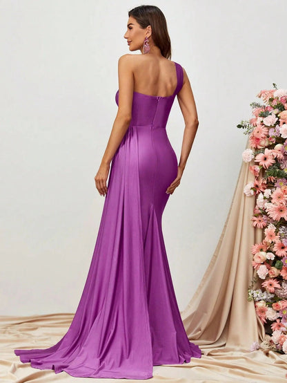 Additional product view of Draped Side High-Slit One-Shoulder Knit Mermaid Evening Gown