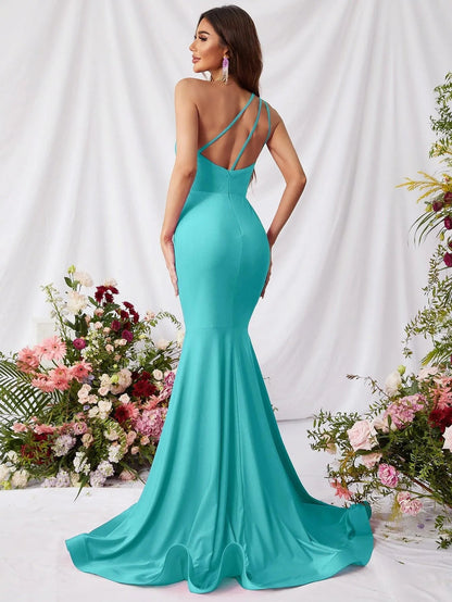 Additional product view of Mermaid Hem One-Shoulder Knit Backless Sleeveless Evening Gown