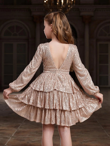 Tween Girls' V-Neck Sequin Long-Sleeve A-Line Formal Dress — authorized product image 2