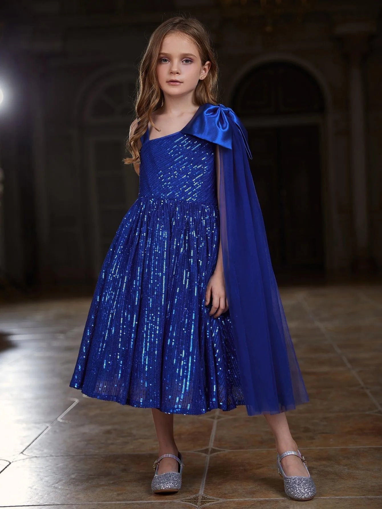 Draped Side Bow Detail One-Shoulder Sequin A-Line Tween Girls' Party Dress in Royal Blue