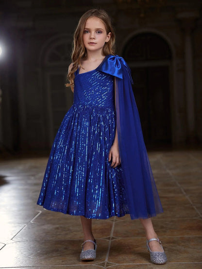 Draped Side Bow Detail One-Shoulder Sequin A-Line Tween Girls' Party Dress in Royal Blue