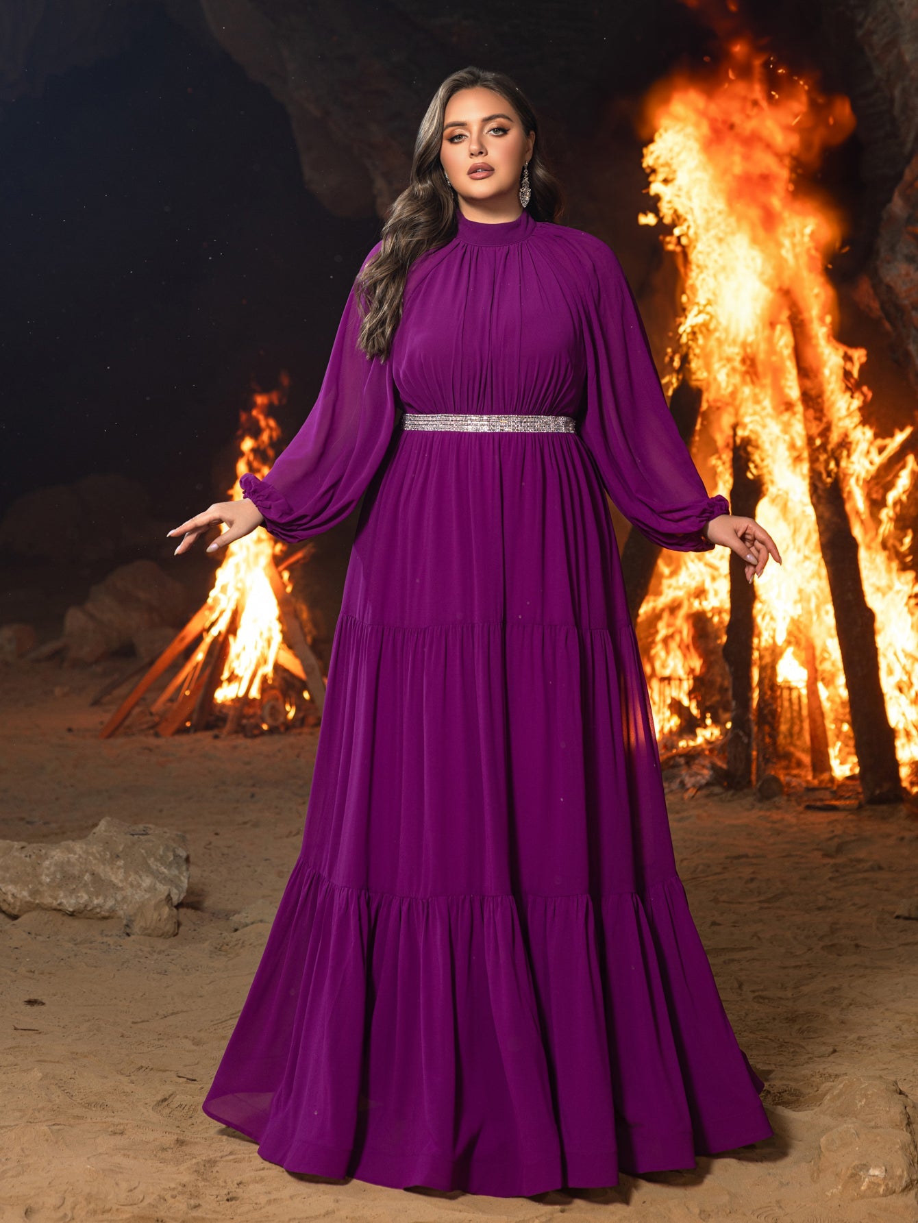 Plus Chiffon Mock Neck Evening Gown with Tiered Ruffles – Structured Maxi Dress for Gala Dinners, Awards Nights & Dramatic Events