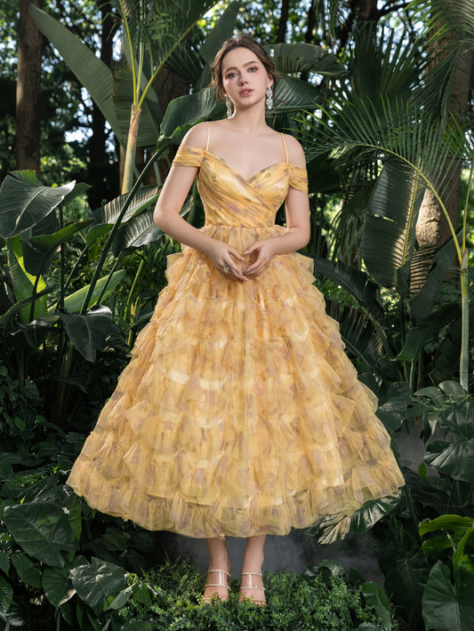 Off-Shoulder Tulle A-Line Short-Sleeve Midi Formal Dress in Yellow