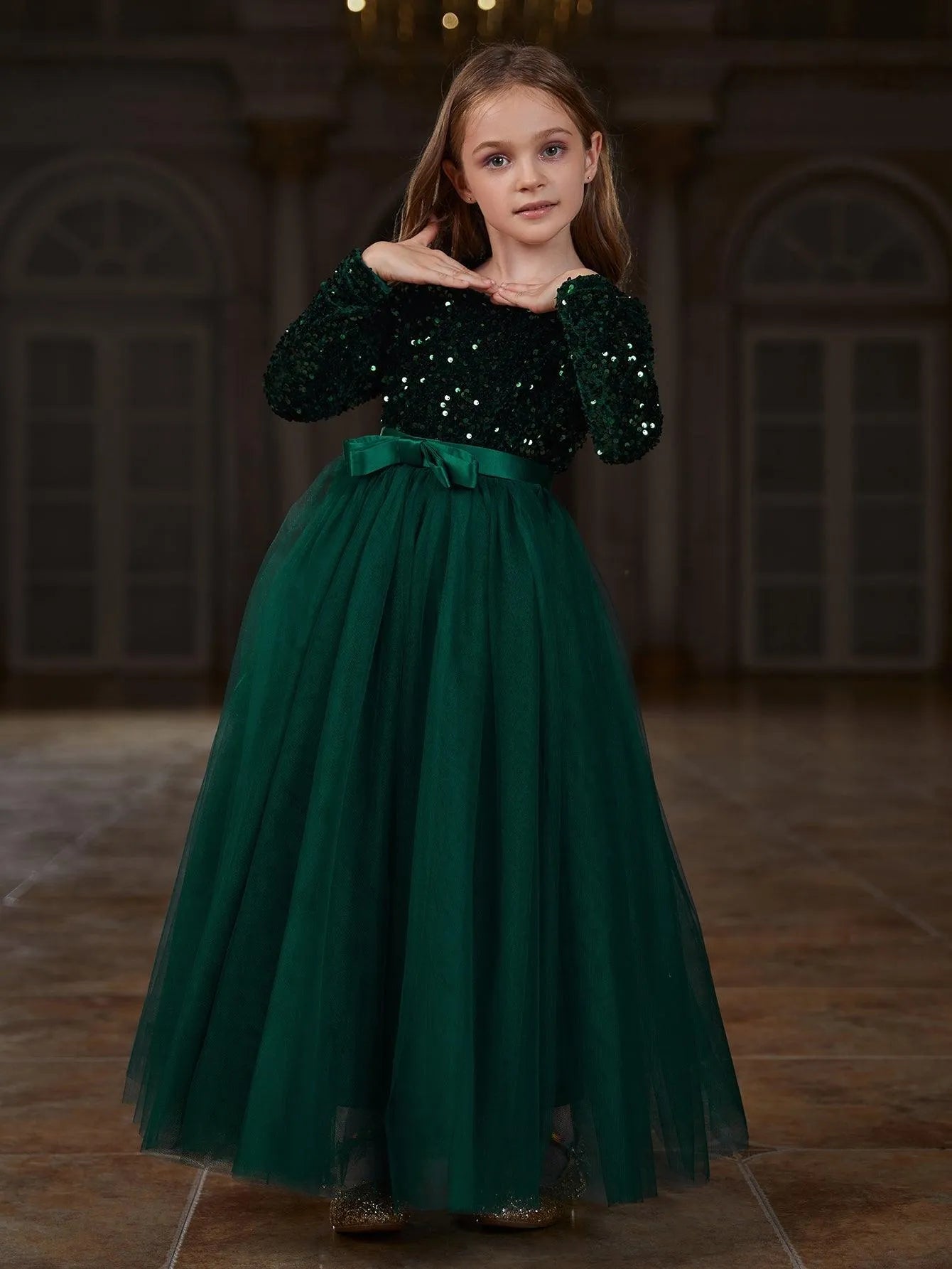 Additional product view of Sequin A-Line Long-Sleeve Mesh Maxi Tween Girls' Party Dress