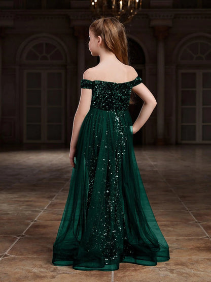 Additional product view of Mesh Overlay Off-Shoulder Sequin Mermaid Short-Sleeve Maxi Tween Girls' Party Dress