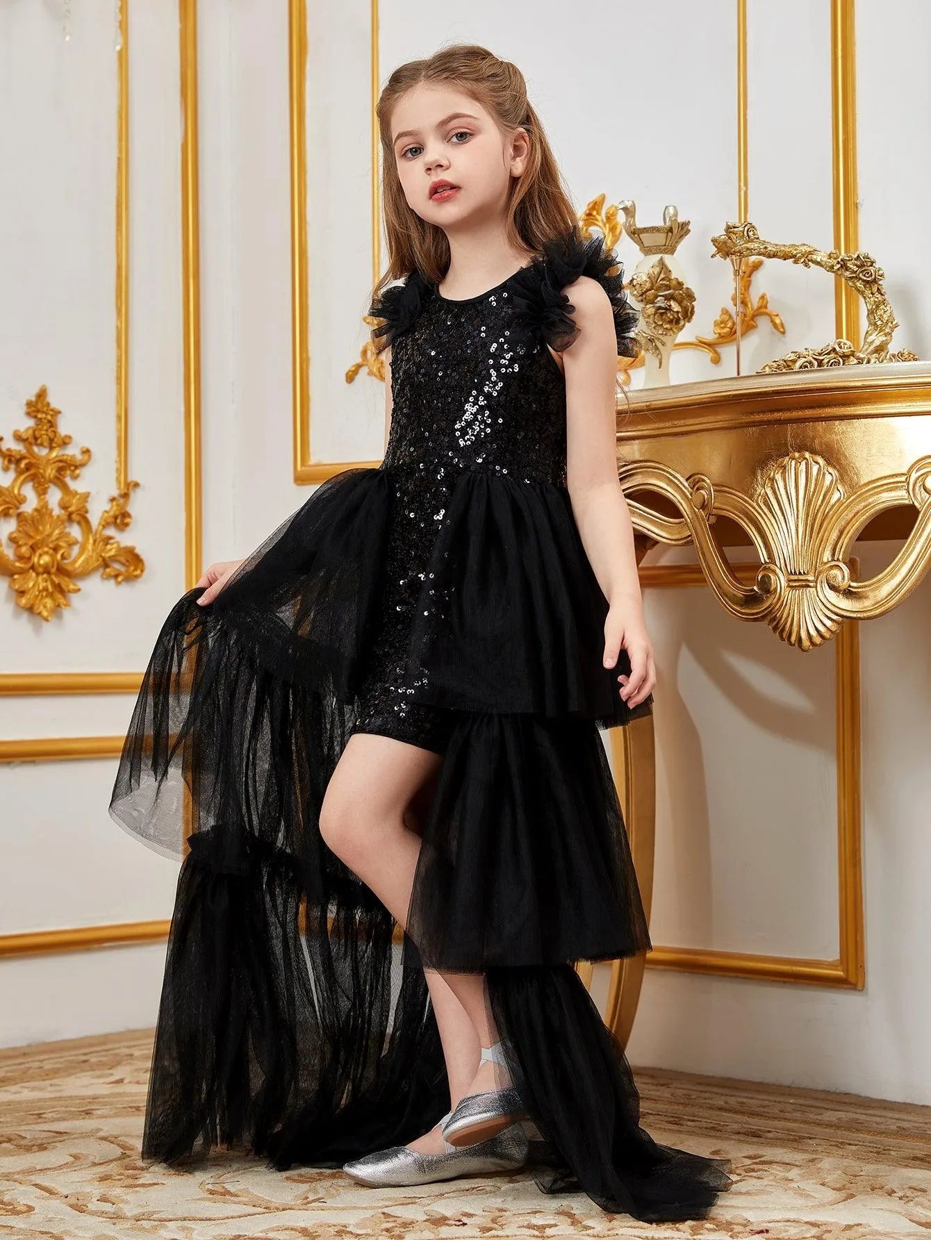 Additional product view of Layered Hem Sequin A-Line Sleeveless Mesh Midi Tween Girls' Party Dress