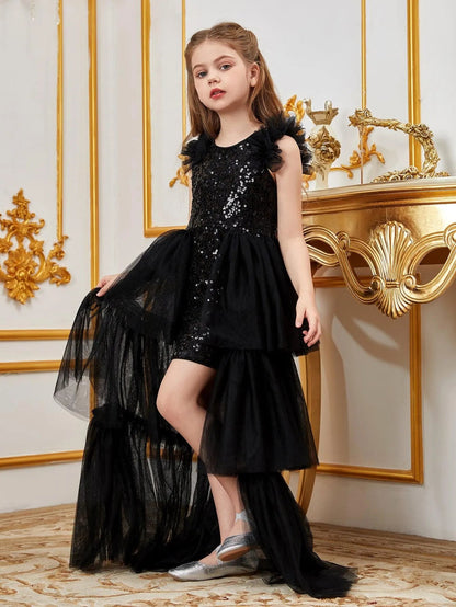 Additional product view of Layered Hem Sequin A-Line Sleeveless Mesh Midi Tween Girls' Party Dress