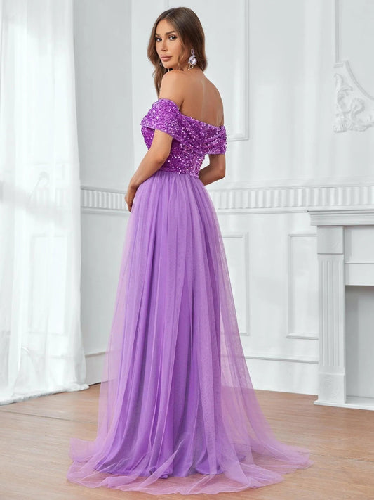 Off-Shoulder Sequin Bodice Mesh Hem Dress – view 2