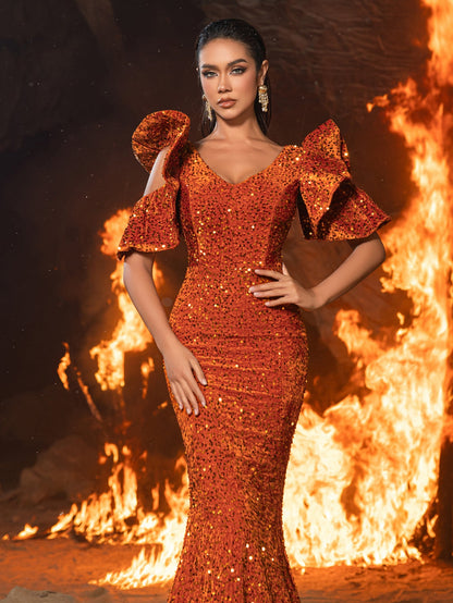 Gorgeous Maxi Sequin Flutter Sleeves Mermaid Evening Dress