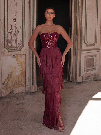 Sparkling Sequin & Fringe Maxi Dress | Strapless Sweetheart Neckline, High Side Slit, Open Back | Glam Evening Gown for Parties, Galas, Prom