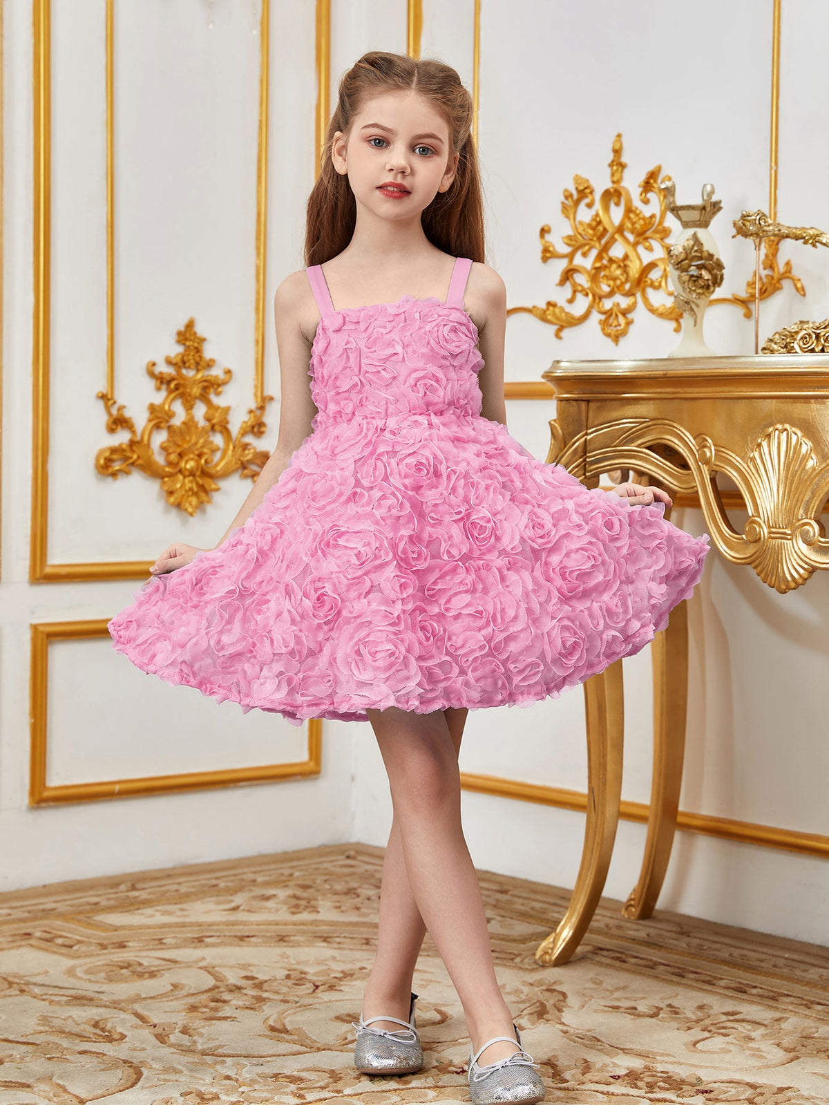 Alternate view of Floral Appliqué Cami Strap A-Line Sleeveless Mesh Tween Girls' Party Dress in Pink