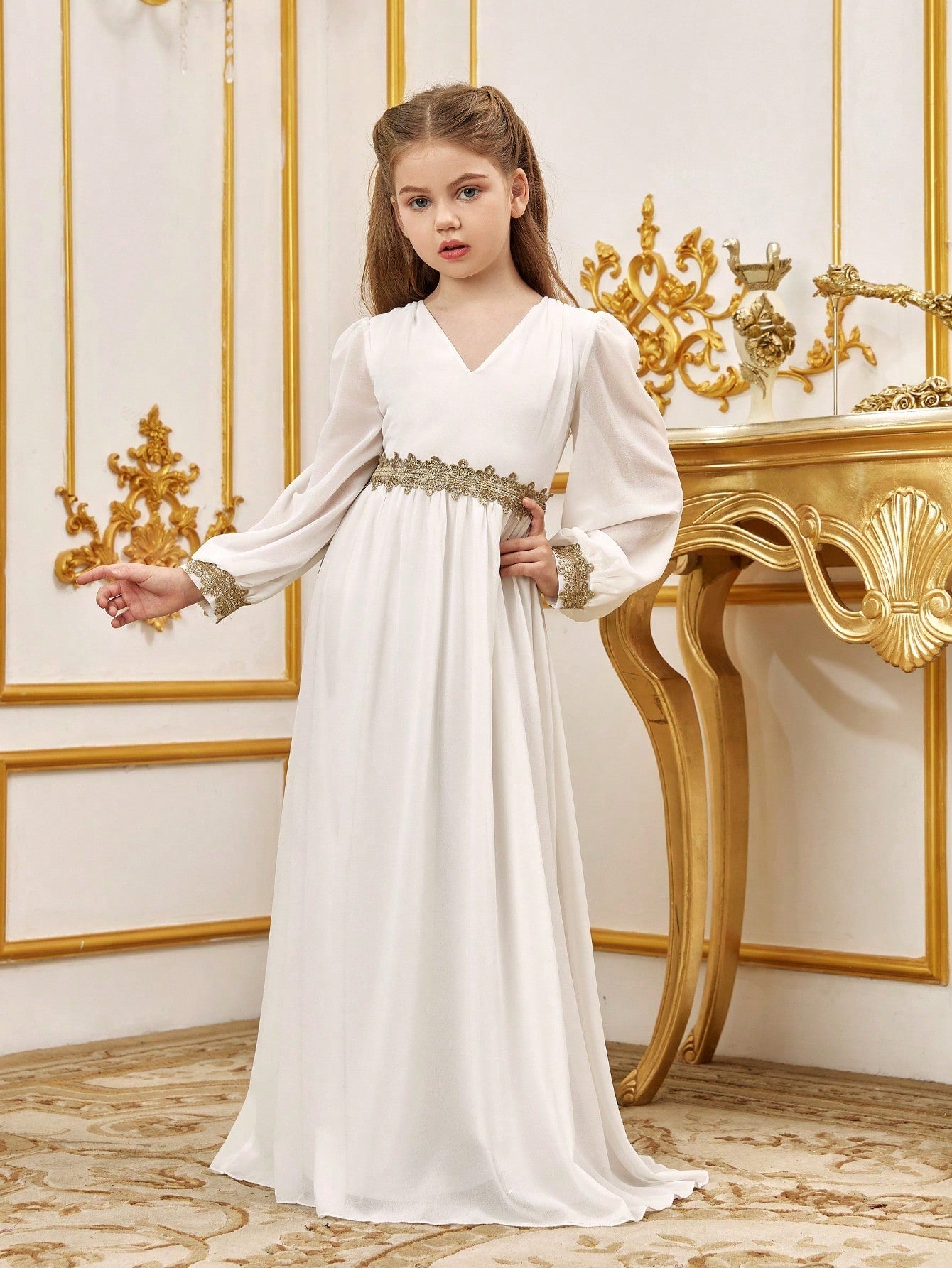 Tween Girls' Lace Trim Decoration V-neck Bishop Sleeves Chiffon Party Dress – view 4