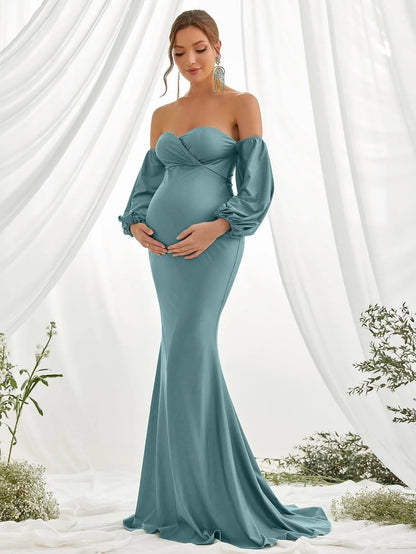Additional product view of Off-Shoulder Knit Mermaid Long-Sleeve Maxi Maternity Evening Dress