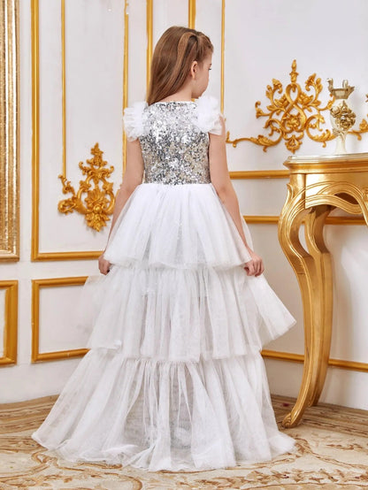 Additional product view of Layered Hem Sequin A-Line Sleeveless Mesh Midi Tween Girls' Party Dress