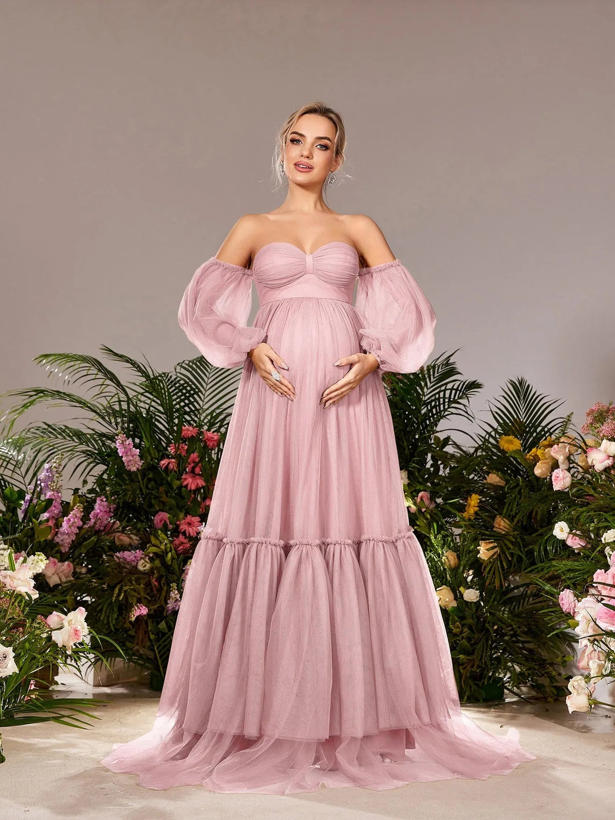Alternate view of Off-Shoulder Tulle A-Line Long-Sleeve Maxi Maternity Evening Dress in Pink