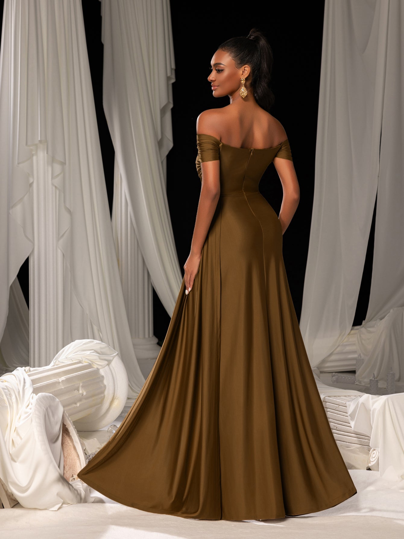 Additional product view of Draped Side High-Slit Off-Shoulder Knit Mermaid Evening Gown