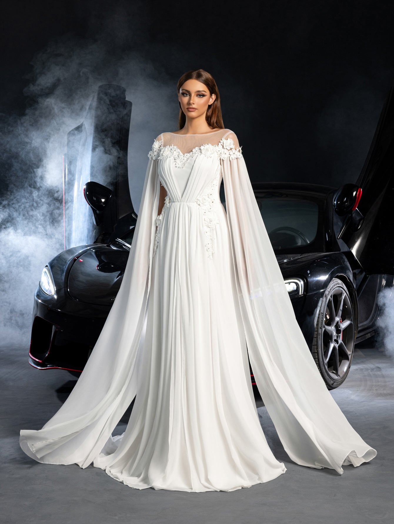 Elegant Applique Detail Boat Neck Ruched Front Cape Sleeves Chiffon Wedding Dress – view 3