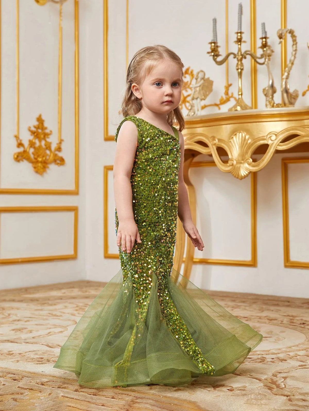 Additional product view of Mesh Insert Mermaid Hem One-Shoulder Sequin Sleeveless Young Girls' Party Dress