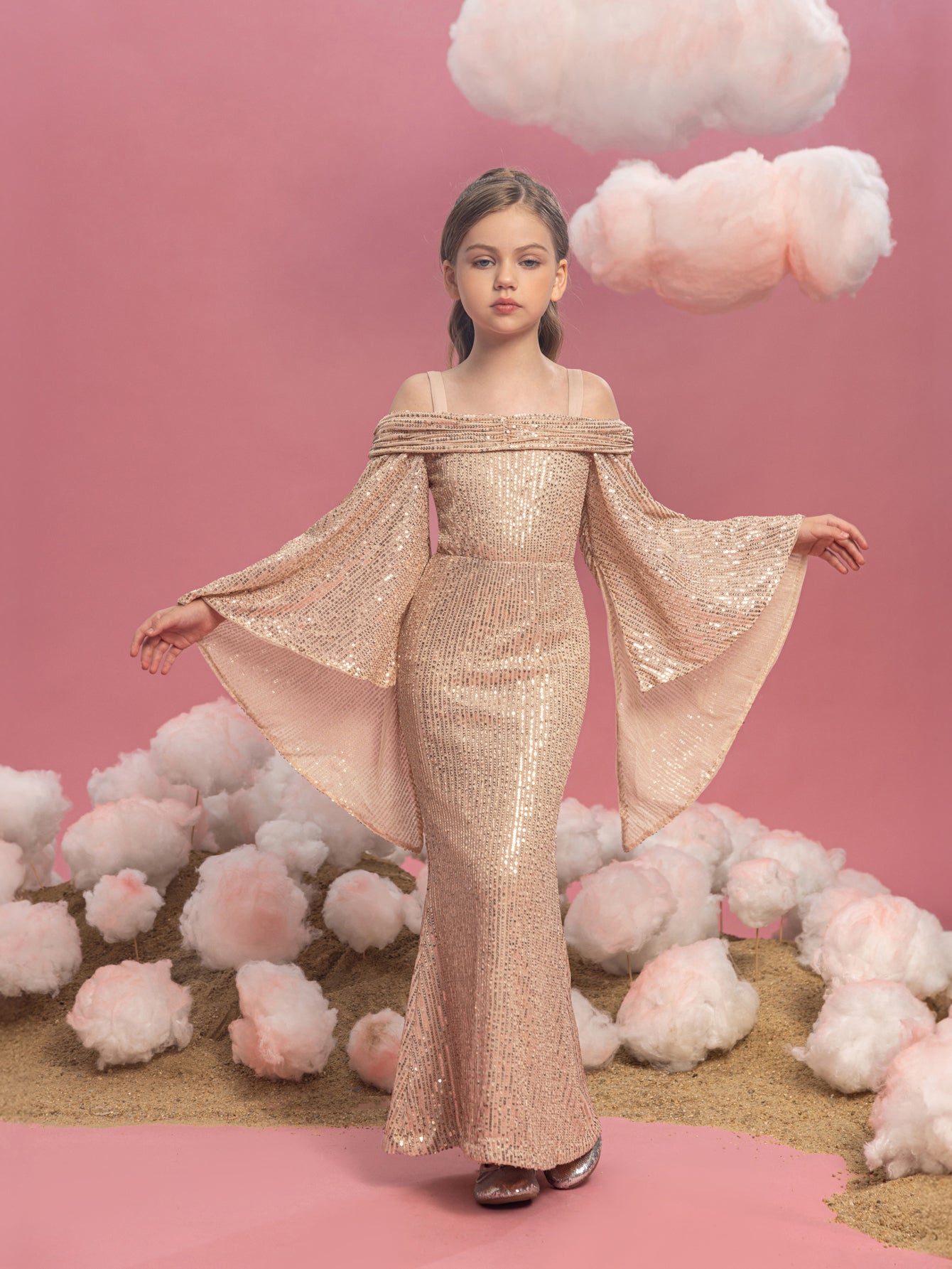 Alternate view of Cold-Shoulder Flare-Sleeve Off-Shoulder Sequin Mermaid Tween Girls' Party Dress in Champagne
