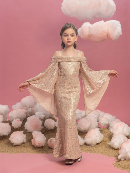 Alternate view of Cold-Shoulder Flare-Sleeve Off-Shoulder Sequin Mermaid Tween Girls' Party Dress in Champagne