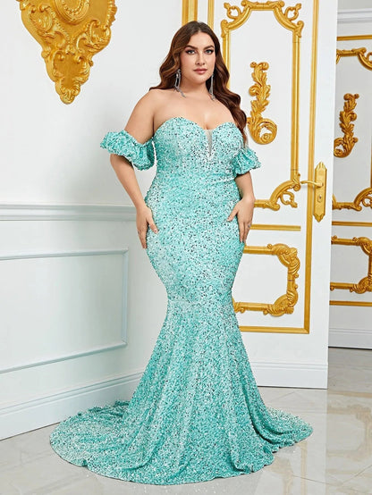 Plus Off Shoulder Puff Sleeves Mermaid Sequin Prom Dresses