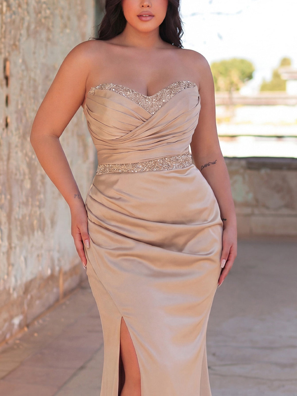 Plus Elegant Strapless Contrast Sequin Split Thigh Satin Mermaid Party Dress