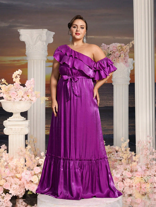 Asymmetrical Plus-Size One-Shoulder Chiffon Floral Maxi Formal Dress in Purple