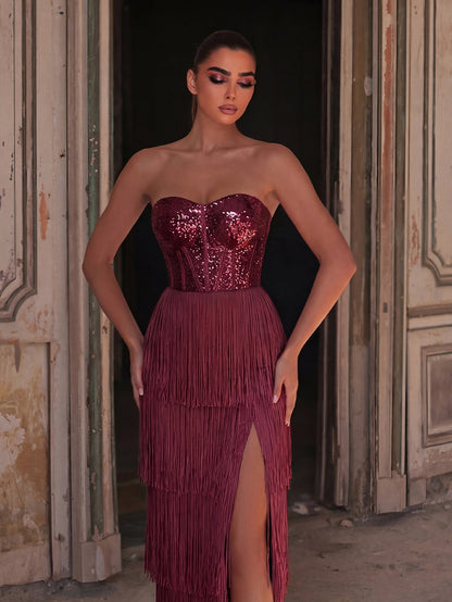 Sparkling Sequin & Fringe Maxi Dress | Strapless Sweetheart Neckline, High Side Slit, Open Back | Glam Evening Gown for Parties, Galas, Prom