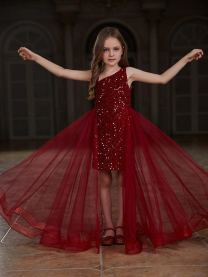 Additional product view of Mesh Overlay Asymmetrical Neckline Sequin A-Line Sleeveless Tween Girls' Party Dress