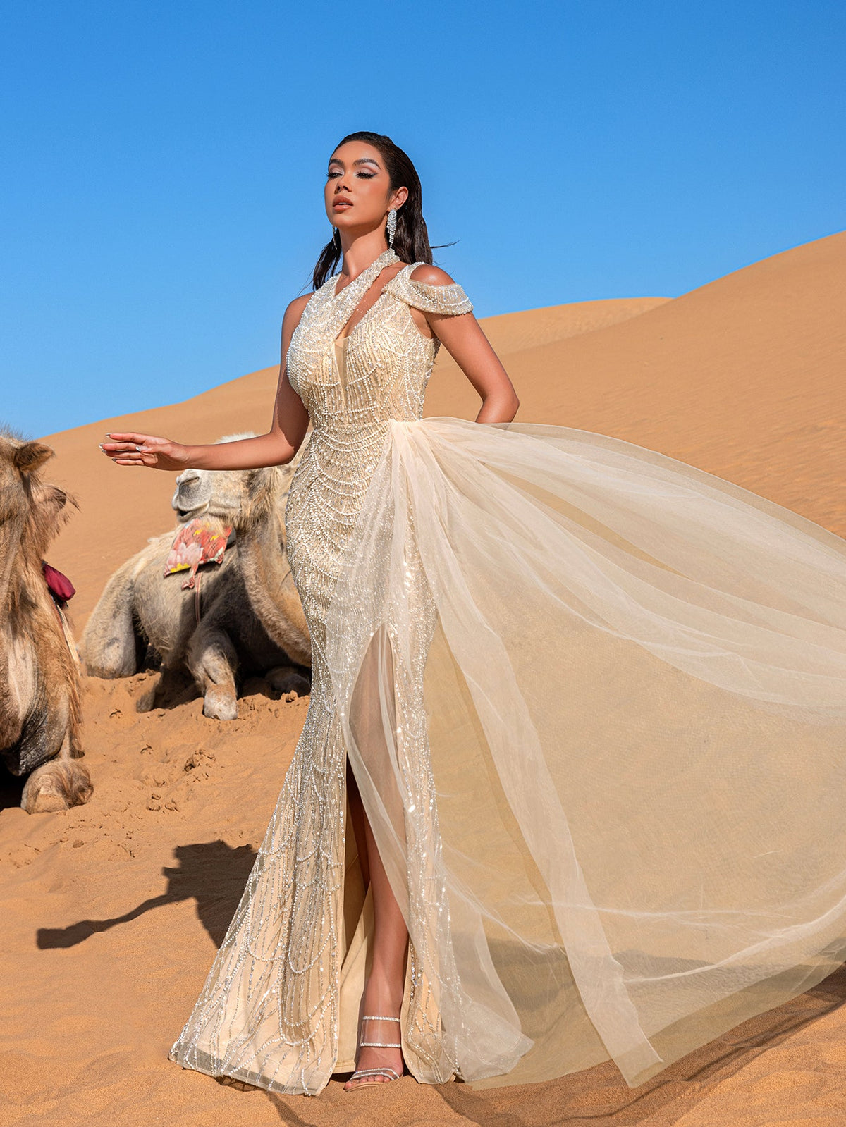 Additional view of Asymmetrical Neck Beaded Mermaid Evening Gown