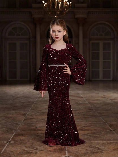 Additional product view of Bell-Sleeve Sweetheart-Neck Sequin Mermaid Maxi Tween Girls' Party Dress