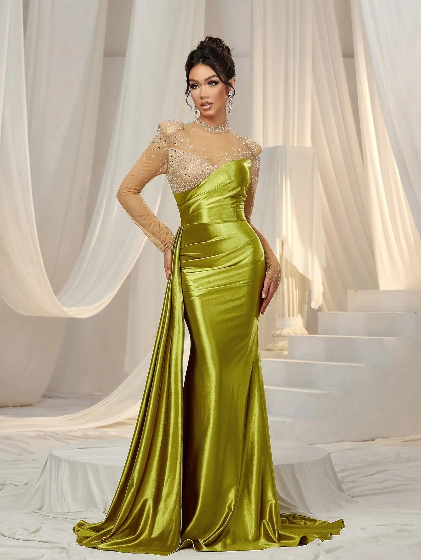 Rhinestone Detail Mock Neck Satin Mermaid Prom Dress