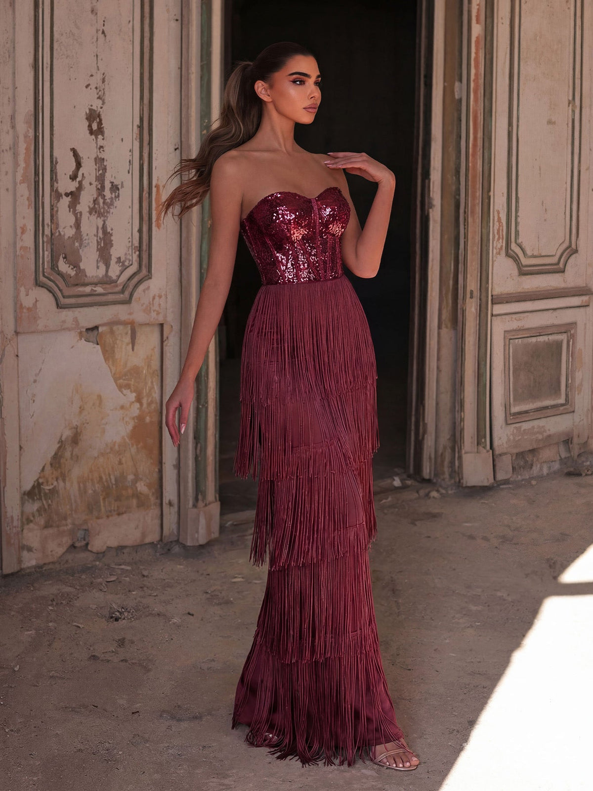 Sparkling Sequin & Fringe Maxi Dress | Strapless Sweetheart Neckline, High Side Slit, Open Back | Glam Evening Gown for Parties, Galas, Prom