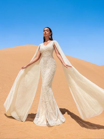 V-Neck Sequin Cape Mermaid Evening Gown