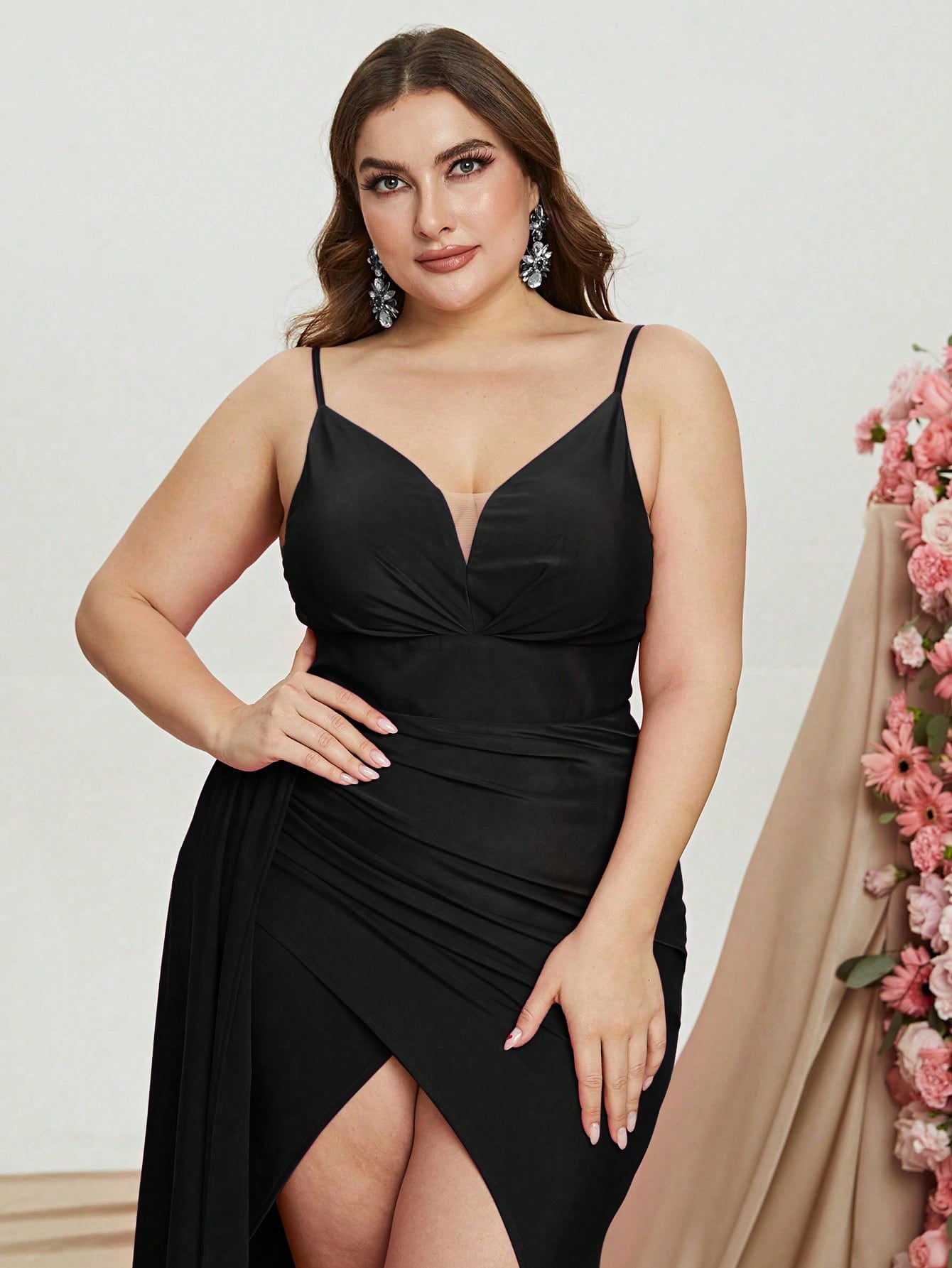 Additional product view of Draped Side Cami Strap Plus-Size Knit High-Slit Evening Gown